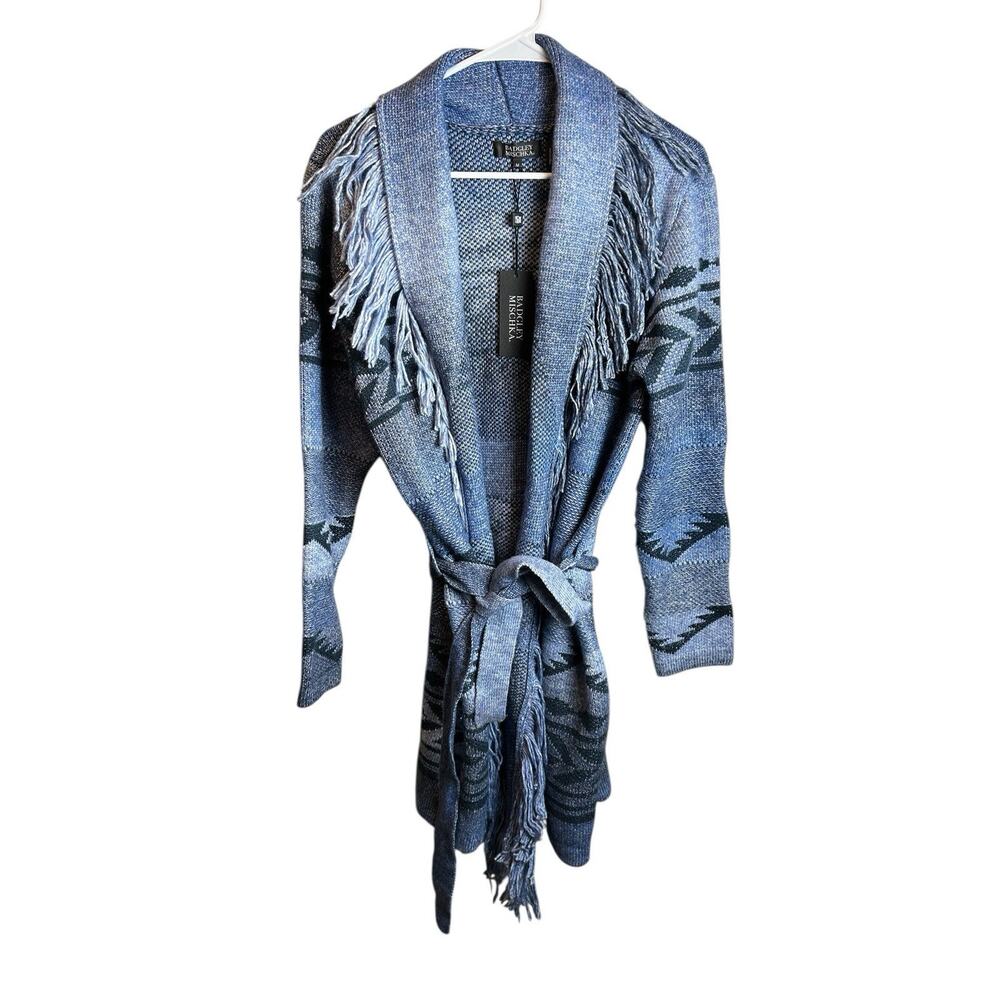 NWT Badgley Mischka Aztec Blue Jacquard Knit Shawl W Belt Western Size Medium - Picture 1 of 5